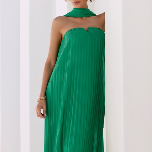Lulus Lael Green Pleated Strapless Dress And Scarf Set - Size S - Picture 1 of 1